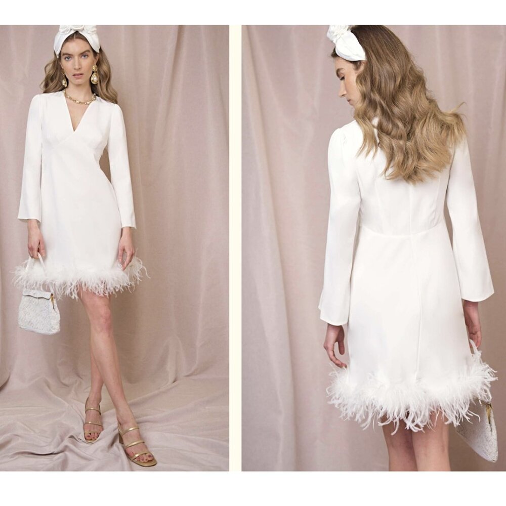 RIXO Ivory Feather-Hem Long Sleeve Mini Dress